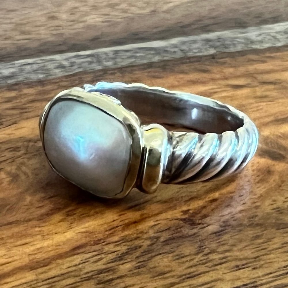 Authentic DAVID YURMAN Mabe Pearl Noblesse Silver & Gold Cable Ring